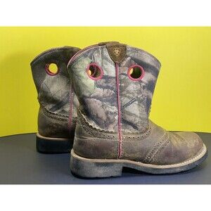 Ariat Boots Pink Camo Brown Leather Fatbaby Boots Size 4.5 Youth